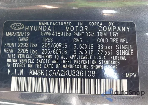 2019 Hyundai Kona Se from USA, damaged, VIN KM8K1CAA2KU336108